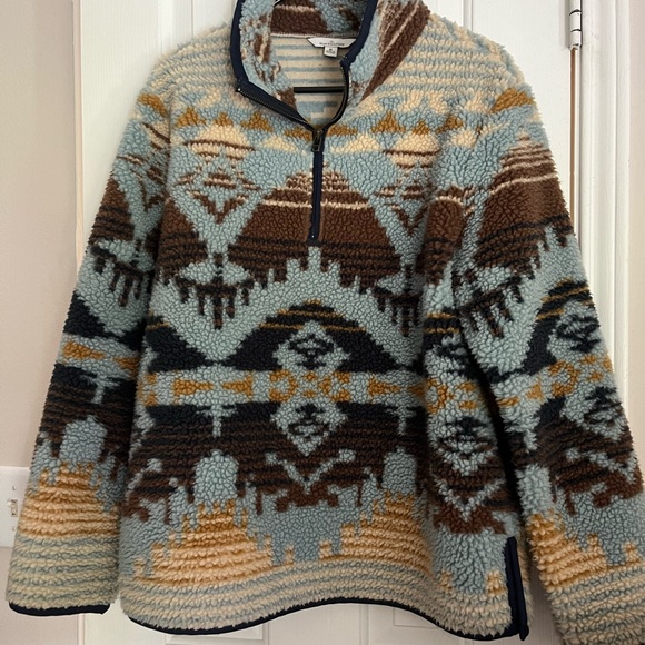 LL Bean Signature Sherpa Fleece Pullover 1/4 Zip Jacquard blue brown cream Mediu - Picture 10 of 11